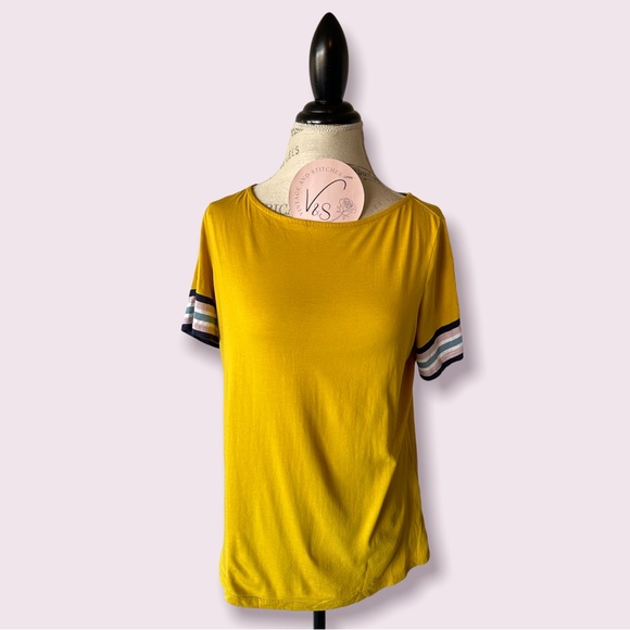 Boden Mustard Yellow Short Sleeve Striped Sleeve Tee Medium - Picture 3 of 13
